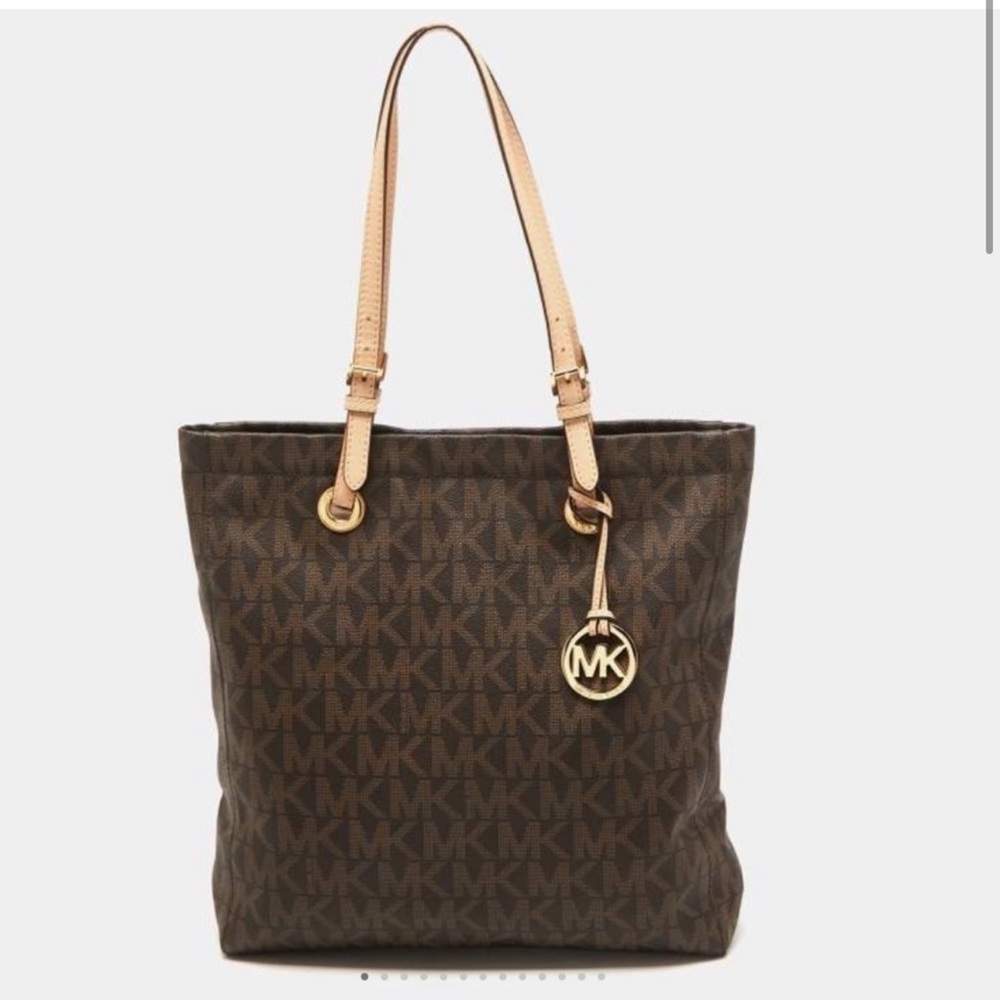 Michael Kors Brown Signature Coated Canvas and Leather Jet Set Tote